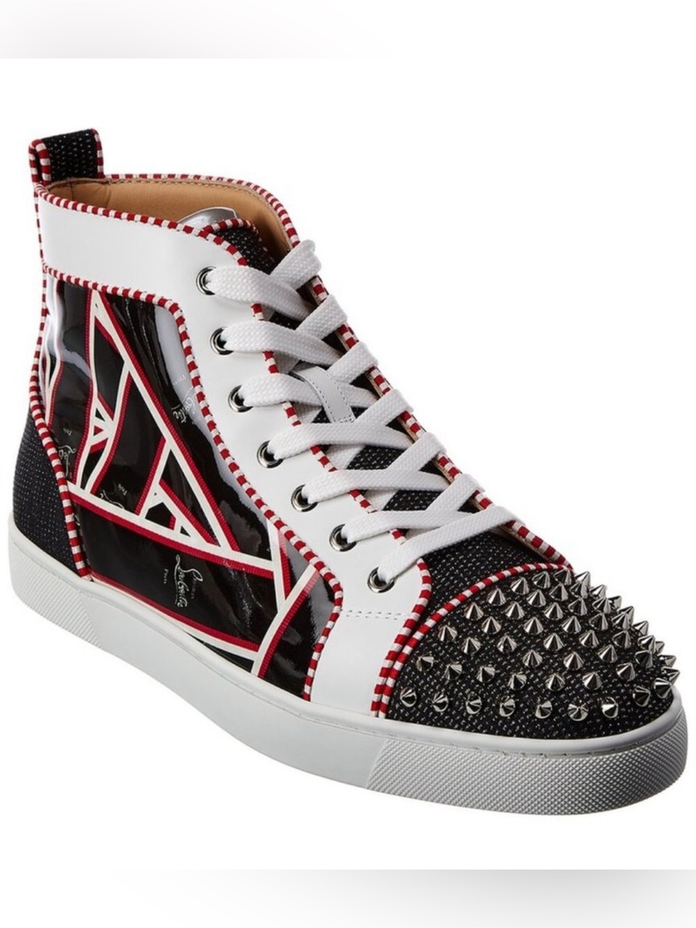 Authentic Christian Louboutin Black, White and Red Studded High-Top Sneaker